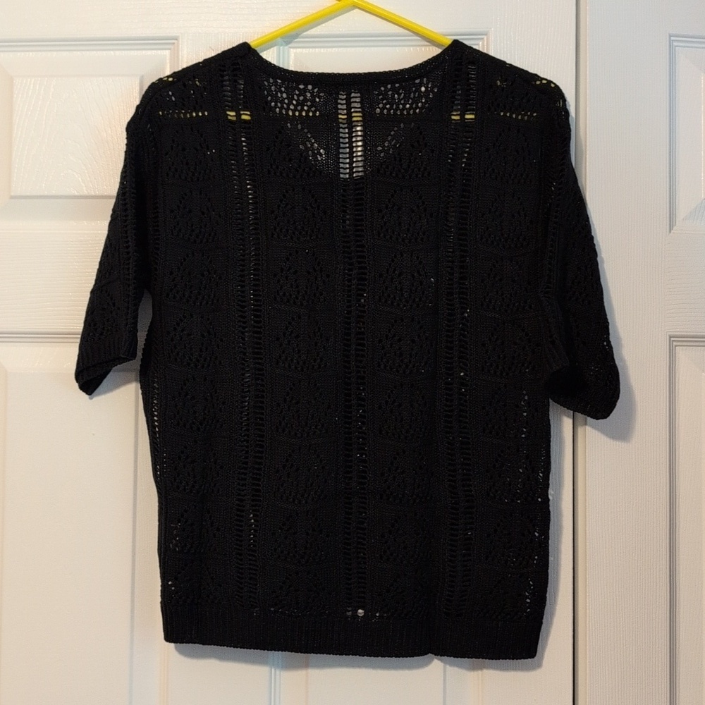 Short-Sleeve Crochet Knit Sweater, Black Size Womens S - Picture 6 of 8